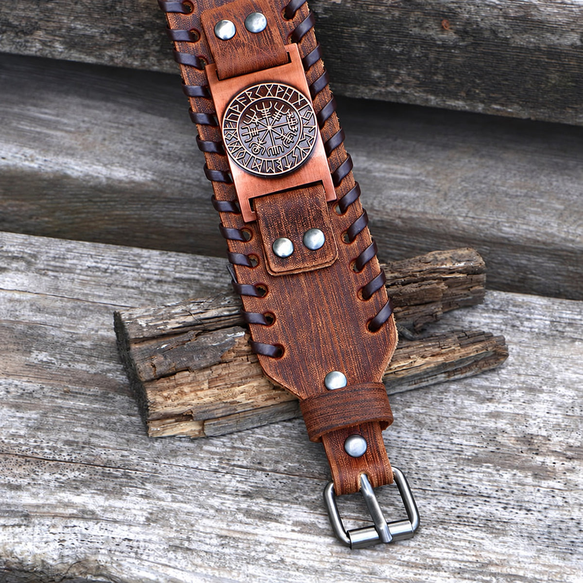 Vegvisir Runes Wristband Leather Viking Bracelet