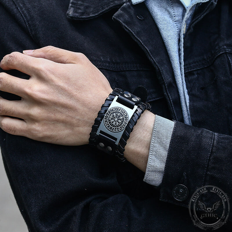Vegvisir Runes Wristband Leather Viking Bracelet
