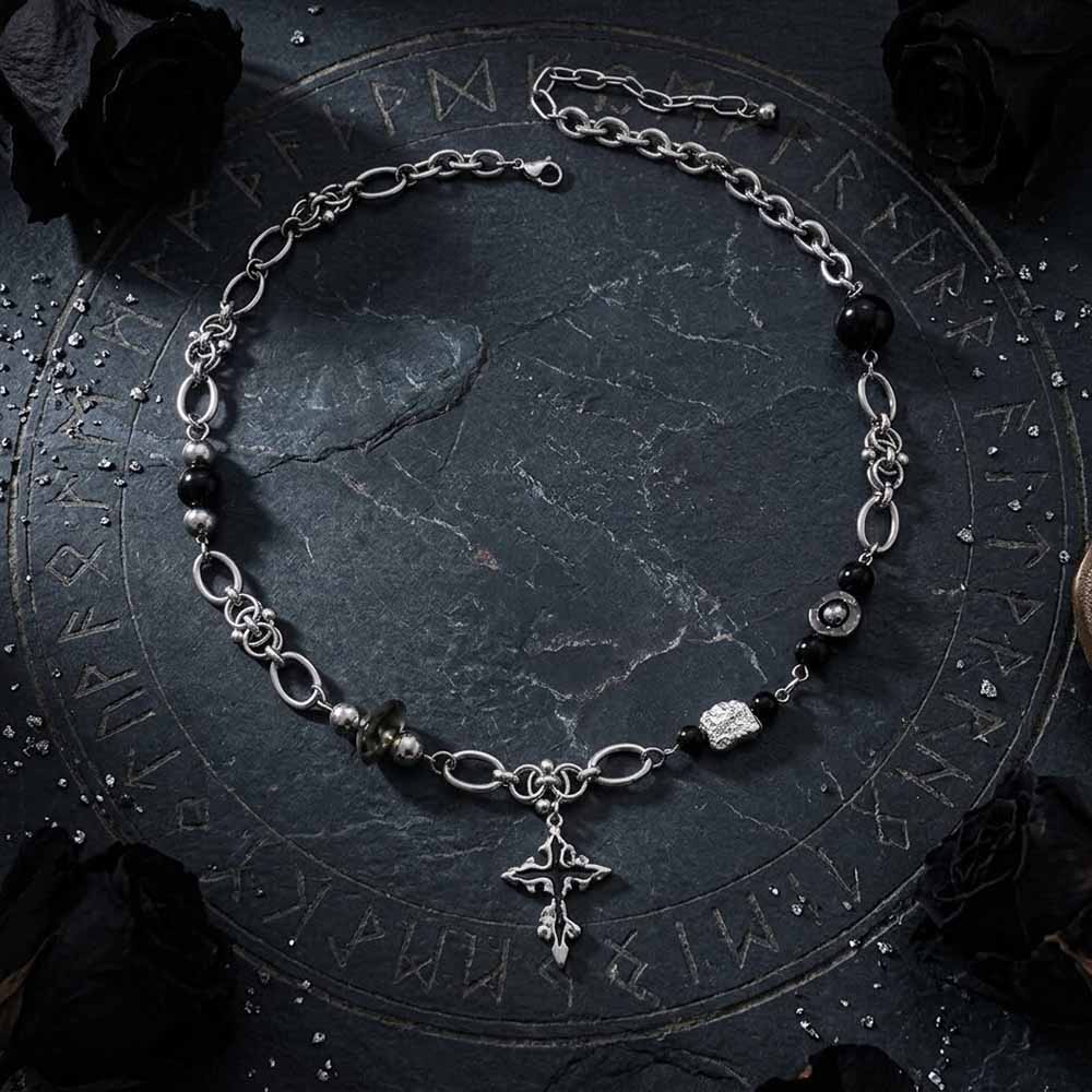 Versatile Beaded Splicing Cross Necklace in Stainless Steel