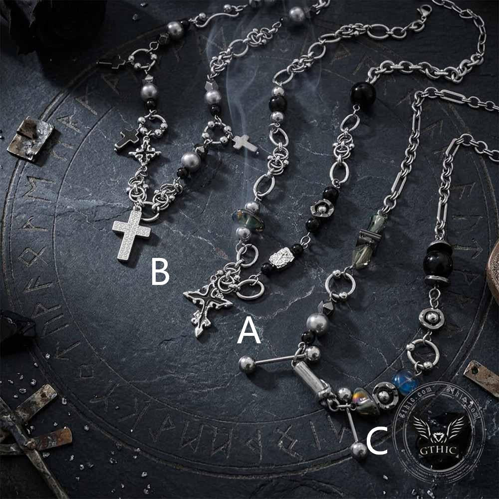 Versatile Beaded Splicing Cross Necklace in Stainless Steel