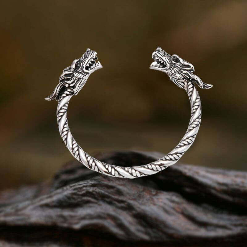 Viking Double Dragon Head Stainless Steel Nordic Open Bracelet