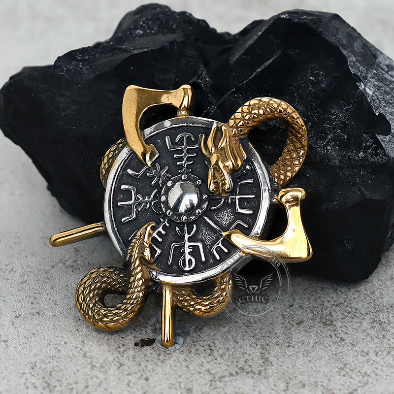 Viking Dragon Double Axe Vegvisir Pendant in Stainless Steel