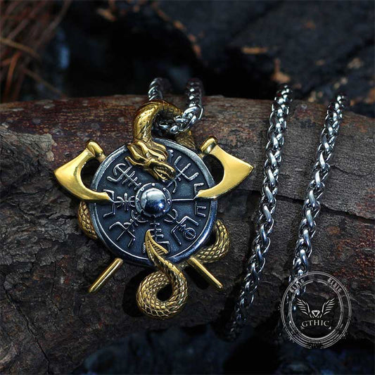 Viking Dragon Double Axe Vegvisir Pendant in Stainless Steel