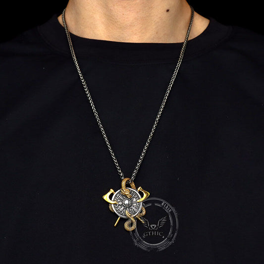 Viking Dragon Double Axe Vegvisir Pendant in Stainless Steel