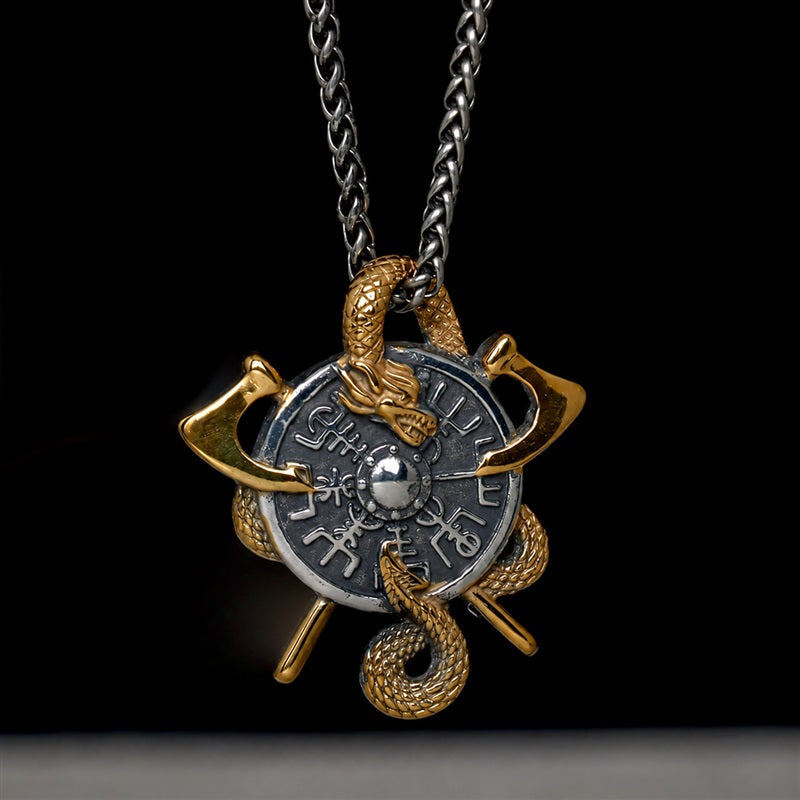 Viking Dragon Double Axe Vegvisir Pendant in Stainless Steel