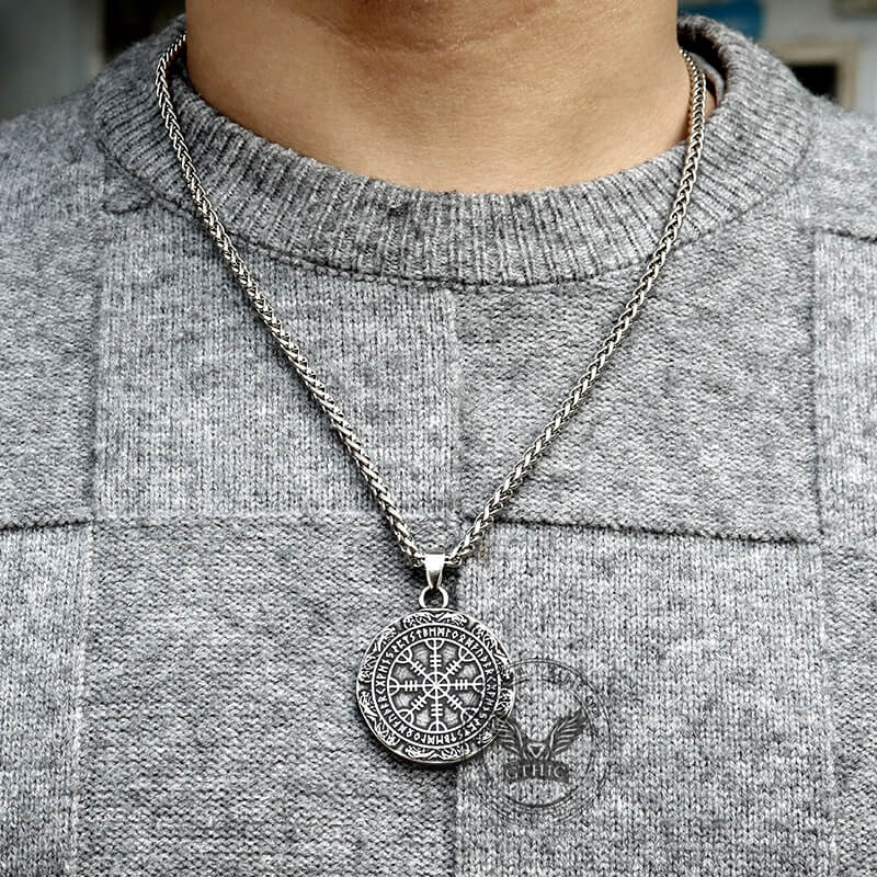Viking Helm Of Awe Runes Pendant in Stainless Steel