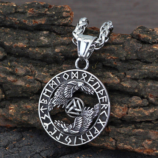 Viking Odin Raven Valknut Rune Pendant in Stainless Steel
