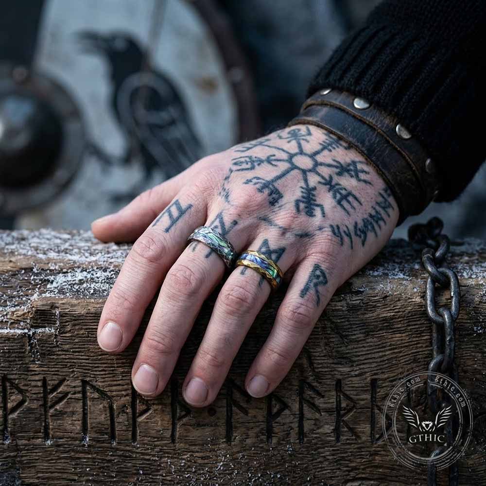 Viking Rune Abalone Shell Inlay Ring in Stainless Steel
