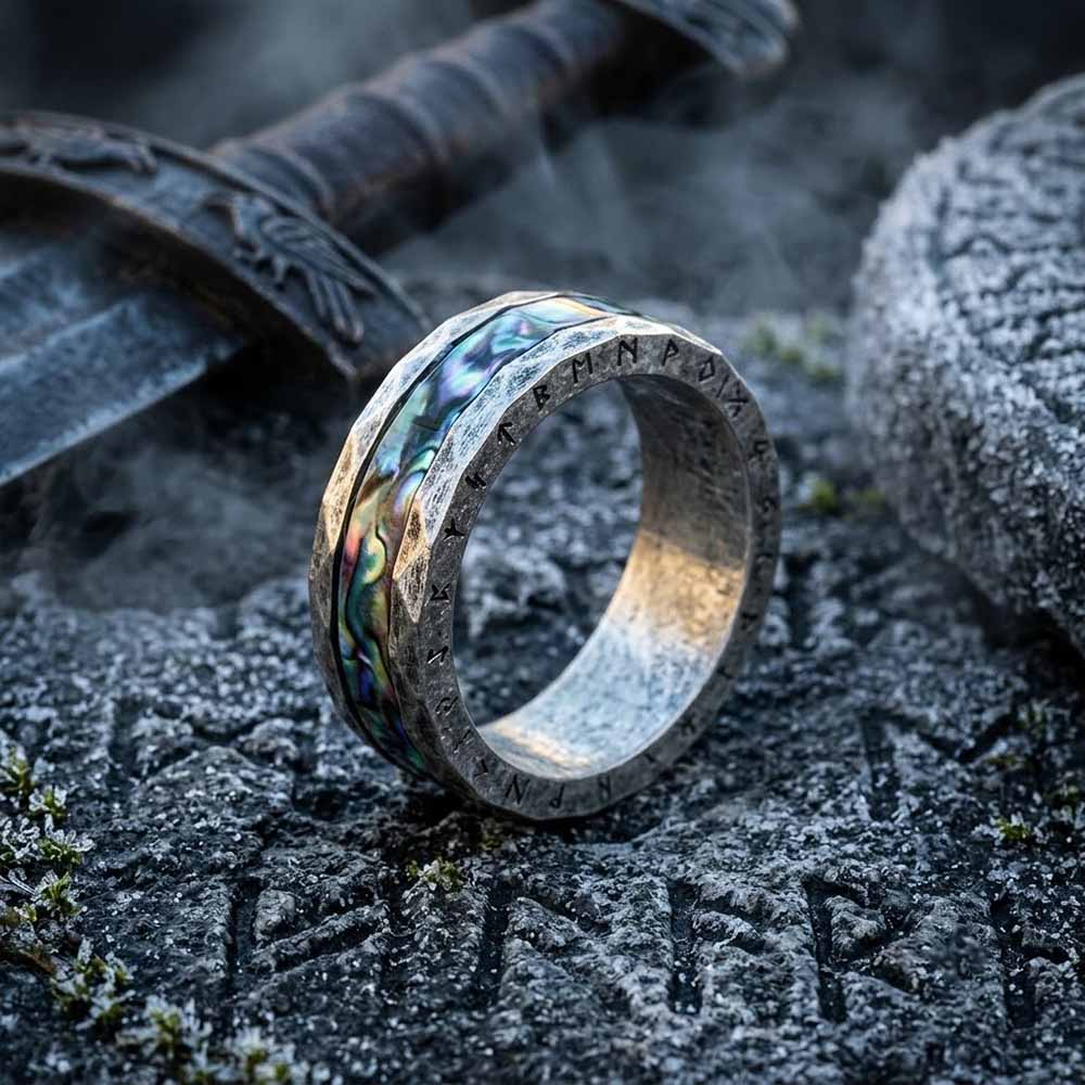 Viking Rune Abalone Shell Inlay Ring in Stainless Steel