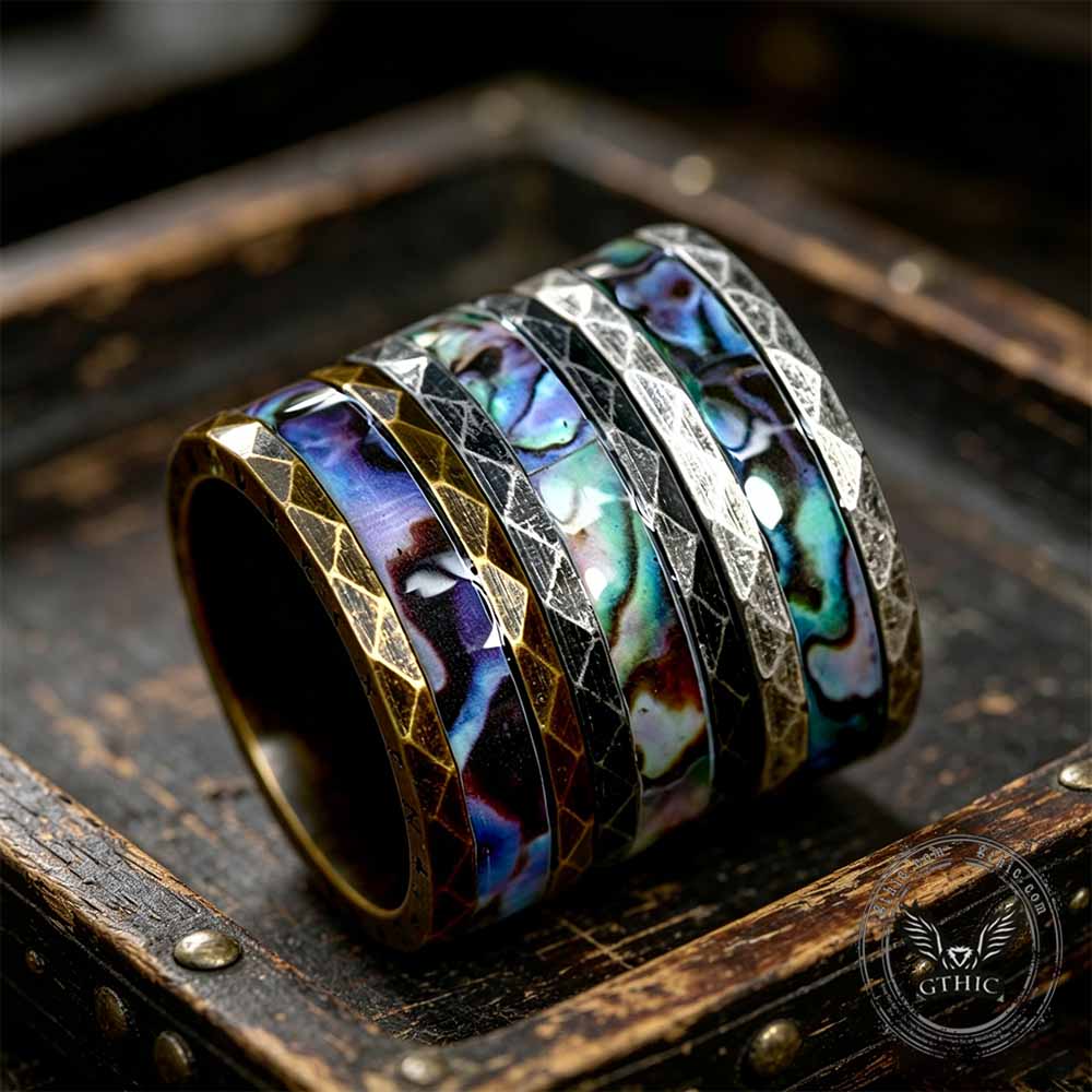 Viking Rune Abalone Shell Inlay Ring in Stainless Steel