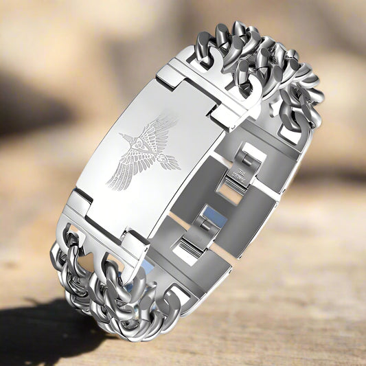 Viking Rune Bird Cuban Chain Bracelet in Stainless Steel