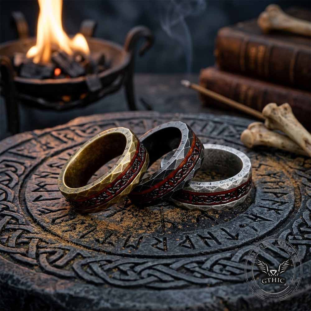 Viking Rune Celtic Knot Wood Inlay Ring in Stainless Steel
