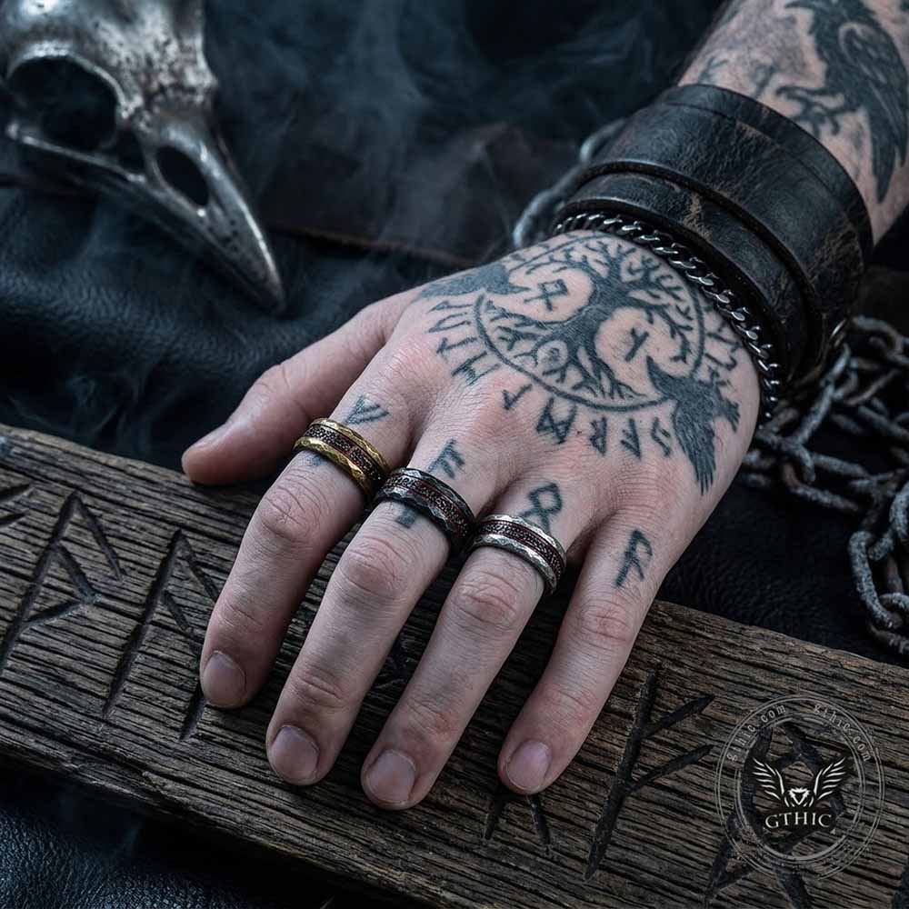 Viking Rune Celtic Knot Wood Inlay Ring in Stainless Steel