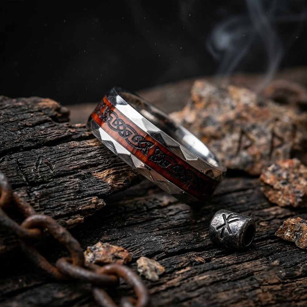 Viking Rune Celtic Knot Wood Inlay Ring in Stainless Steel
