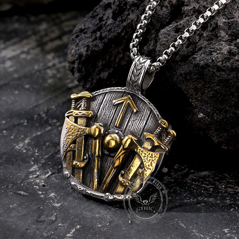 Viking Rune Shield Sword Pendant in Stainless Steel