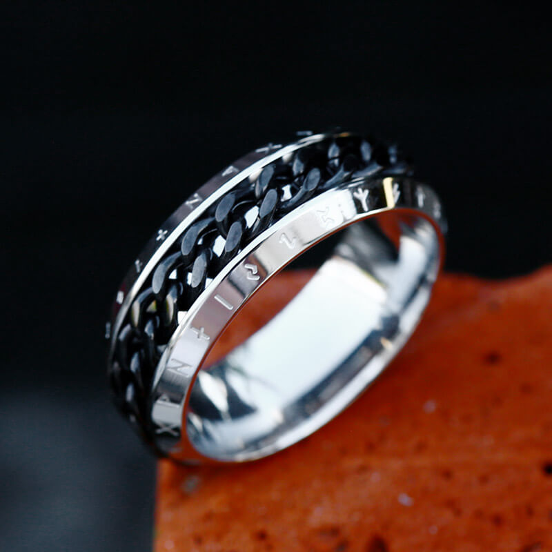 Viking Runes Chain Nordic Spinner Ring in Stainless Steel
