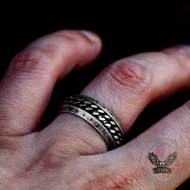 Viking Runes Chain Nordic Spinner Ring in Stainless Steel