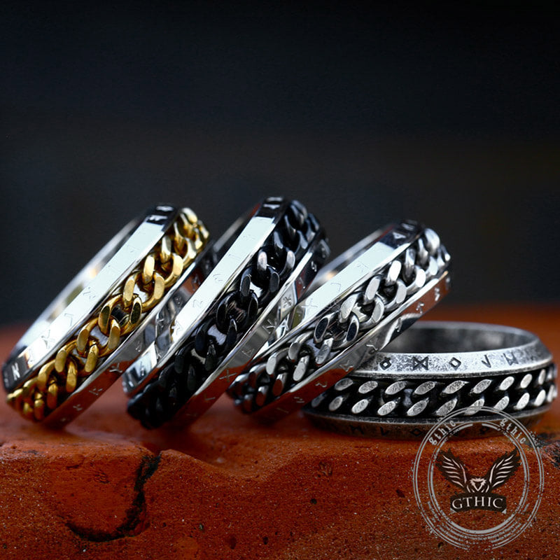 Viking Runes Chain Nordic Spinner Ring in Stainless Steel