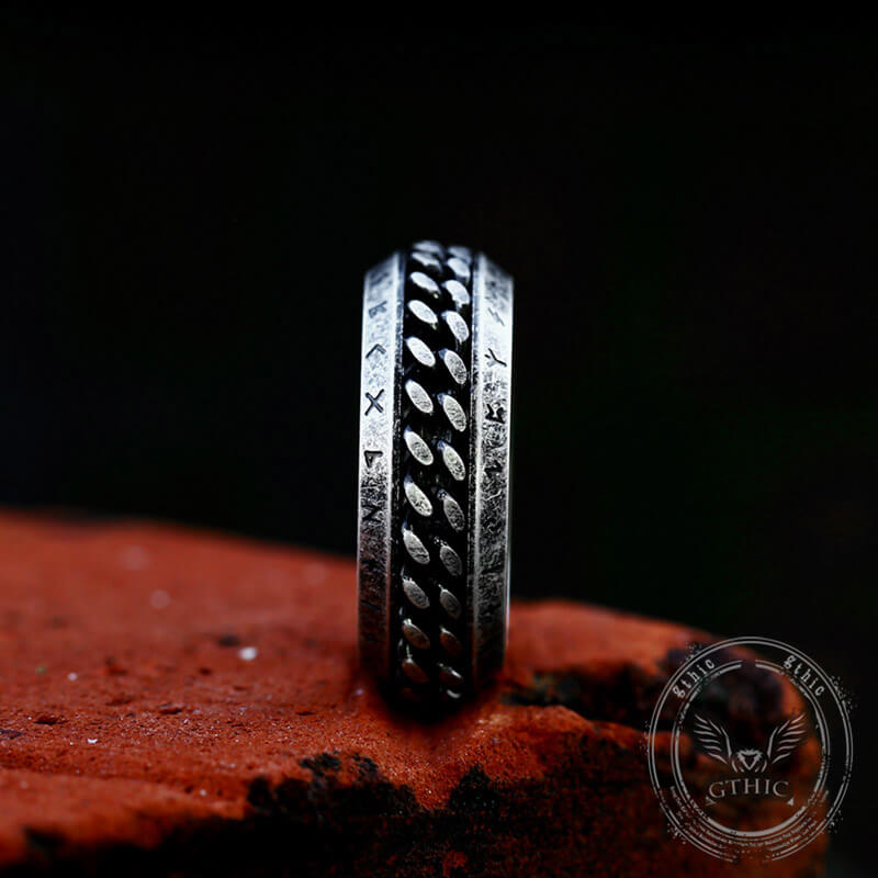 Viking Runes Chain Nordic Spinner Ring in Stainless Steel