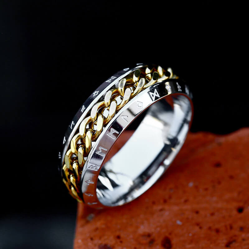Viking Runes Chain Nordic Spinner Ring in Stainless Steel
