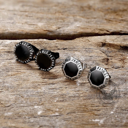 Viking Runes Octagon Stud Earrings in Stainless Steel