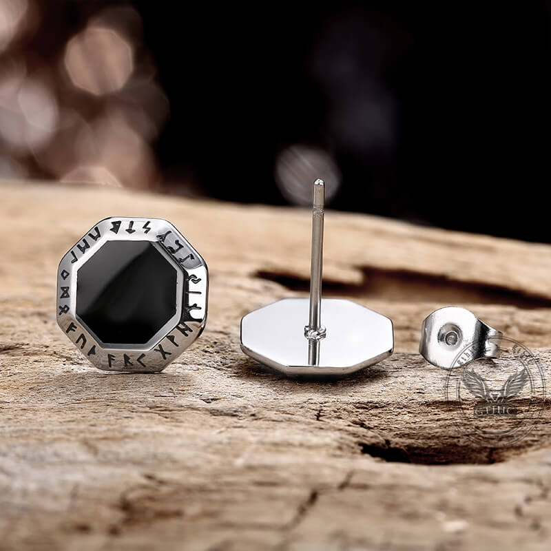 Viking Runes Octagon Stud Earrings in Stainless Steel