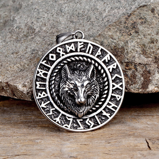Viking Runes Wolf Head Necklace in Stainless Steel