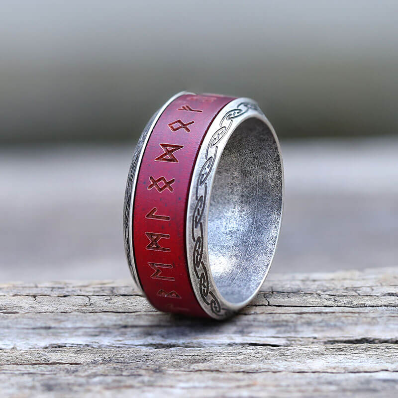 Viking Runes Wood Stainless Steel Spinner Ring