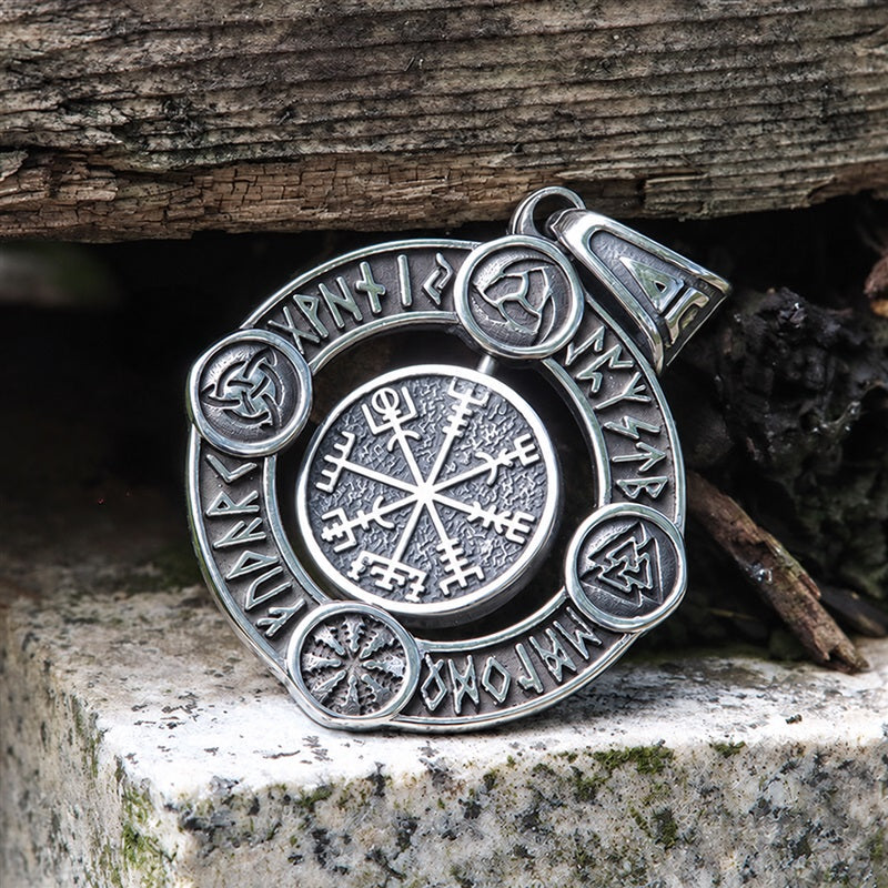 Viking Symbols Runes Vegvisir Stainless Steel Rotatable Pendant