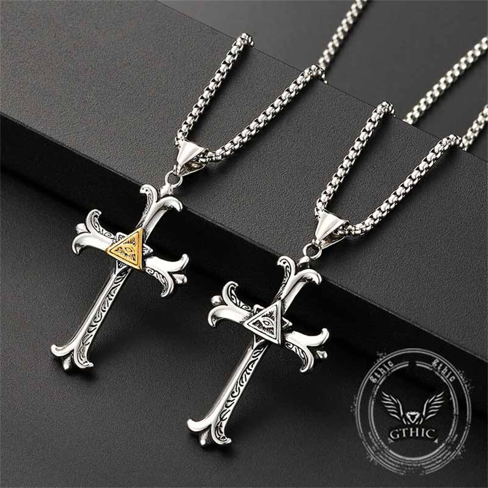 Vintage All-Seeing Eye Cross Pendant in Stainless Steel