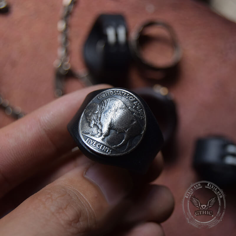 Vintage Buffalo Nickel Leather Scarf Ring