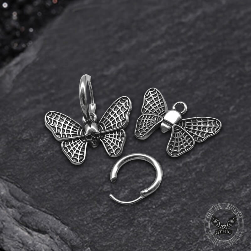 Vintage Butterfly Skull Hoop Earrings in Stainless Steel