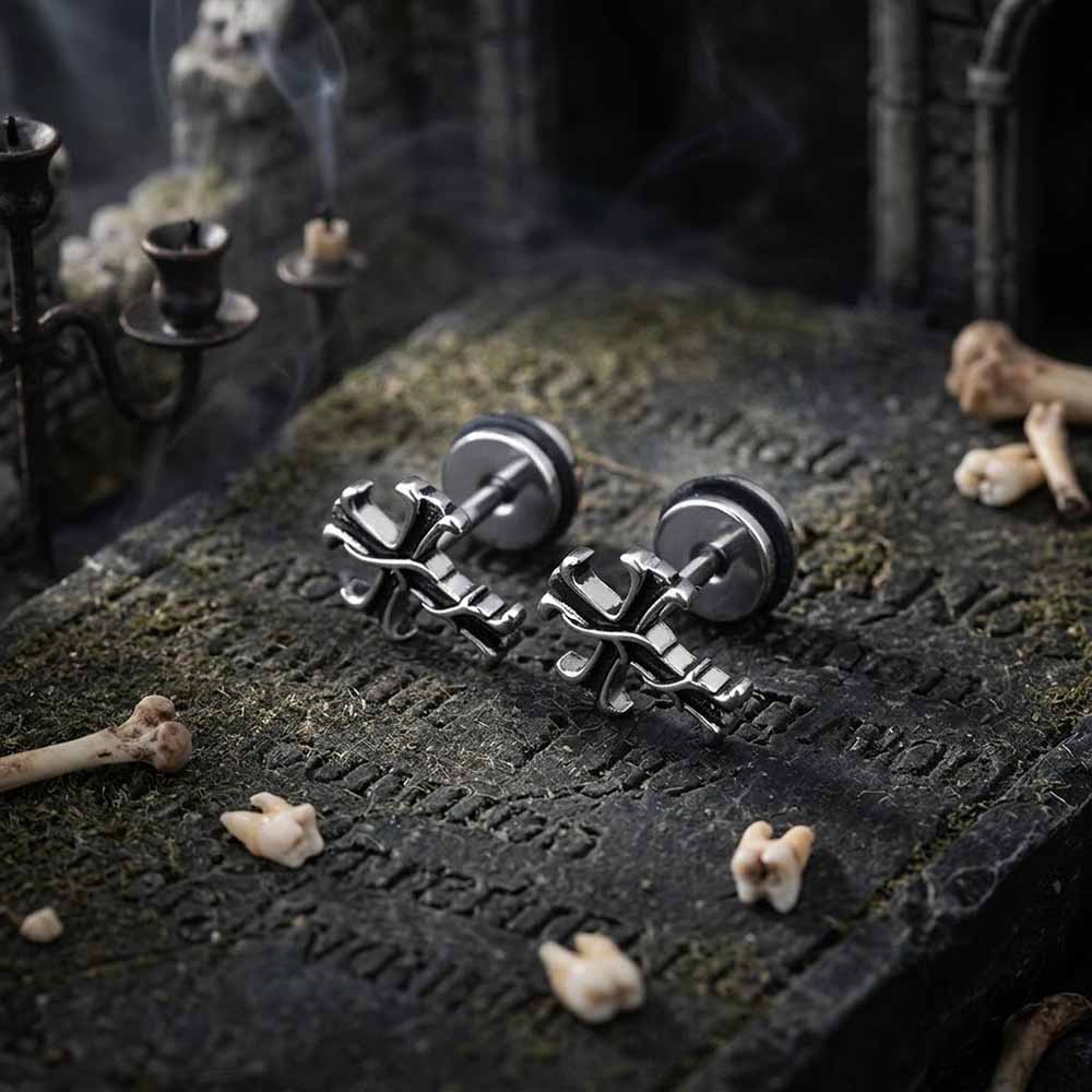 Vintage Carved Cross Stud Earrings in Stainless Steel