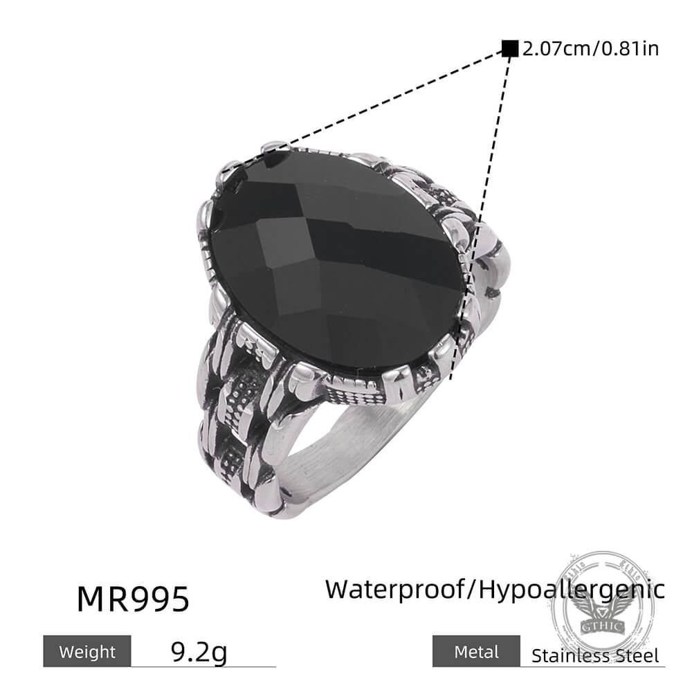 Vintage Chain Black Gemstone Ring in Stainless Steel