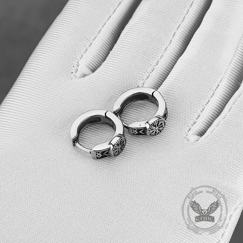 Vintage Compass Rune Hoop Earrings in Stainless Steel