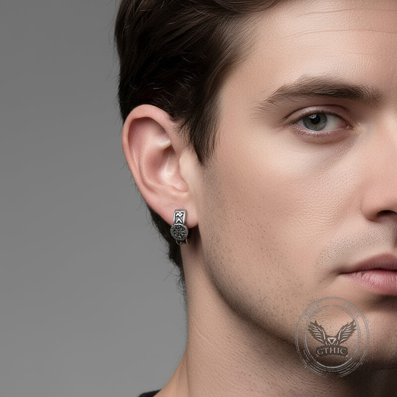 Vintage Compass Rune Hoop Earrings in Stainless Steel