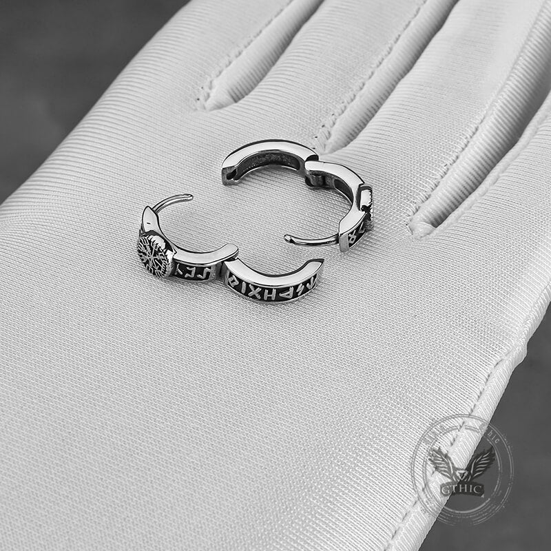 Vintage Compass Rune Hoop Earrings in Stainless Steel