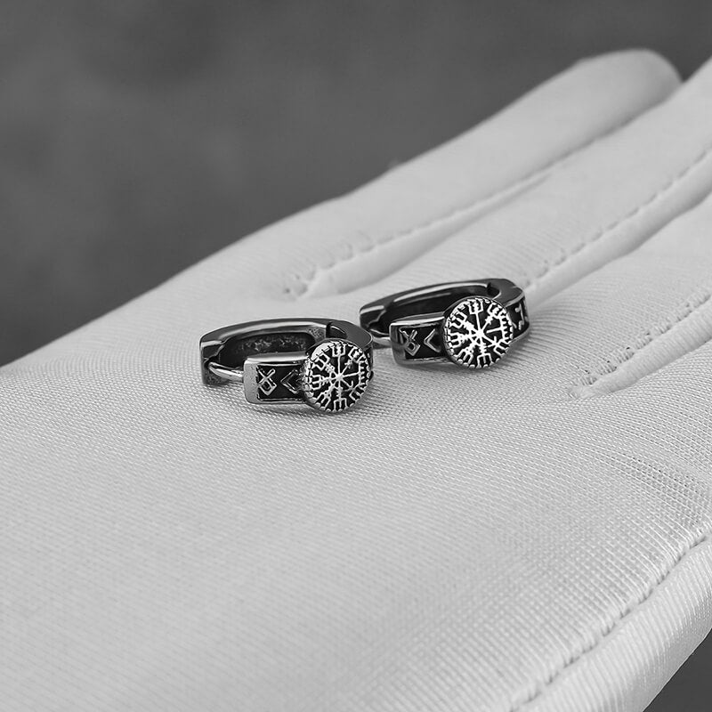 Vintage Compass Rune Hoop Earrings in Stainless Steel