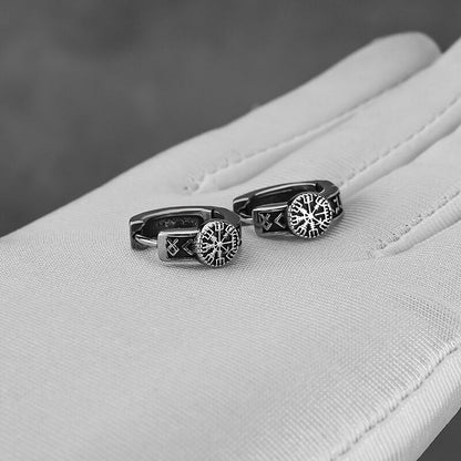Vintage Compass Rune Hoop Earrings in Stainless Steel