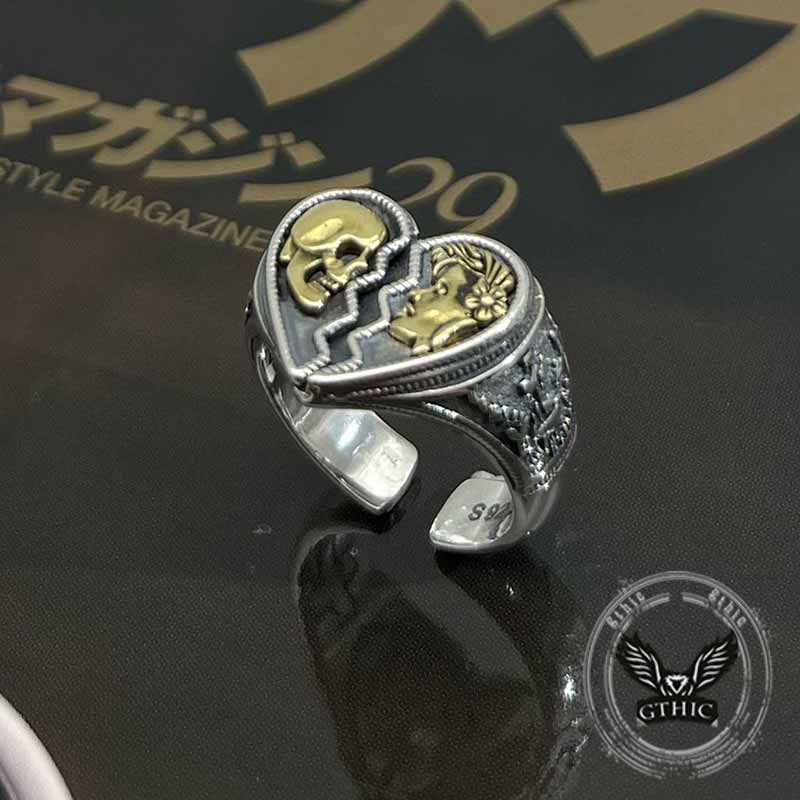 Vintage Cracked Heart Skull Sterling Silver Open Ring