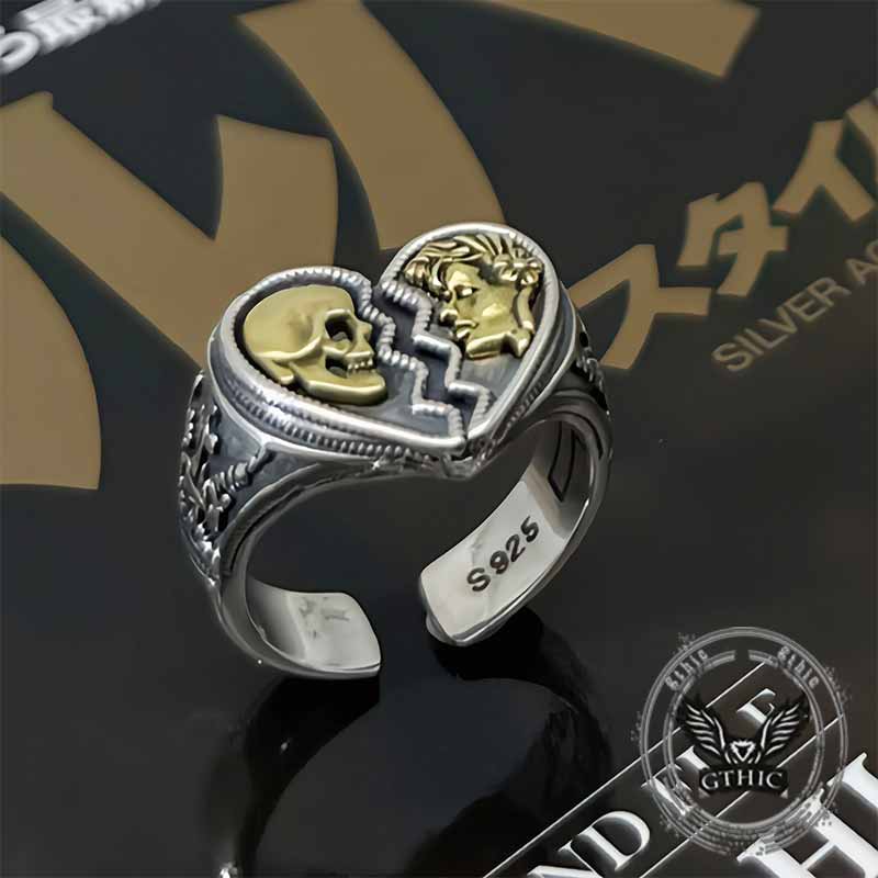 Vintage Cracked Heart Skull Sterling Silver Open Ring