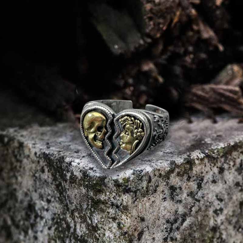 Vintage Cracked Heart Skull Sterling Silver Open Ring