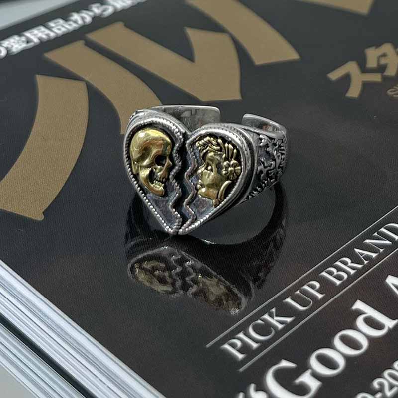 Vintage Cracked Heart Skull Sterling Silver Open Ring