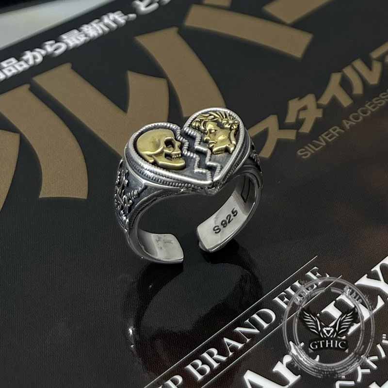 Vintage Cracked Heart Skull Sterling Silver Open Ring