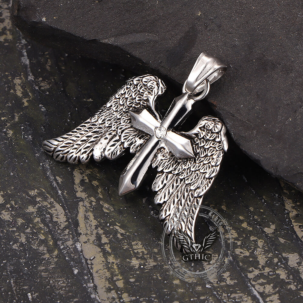Vintage Cross Angel Wings Pendant in Stainless Steel