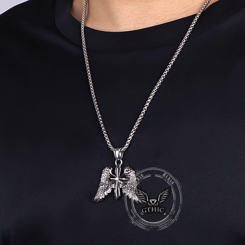 Vintage Cross Angel Wings Pendant in Stainless Steel