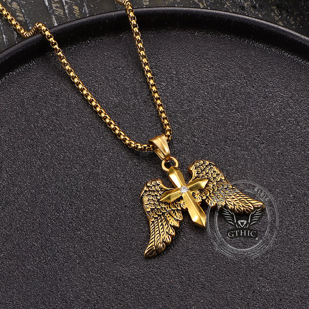 Vintage Cross Angel Wings Pendant in Stainless Steel