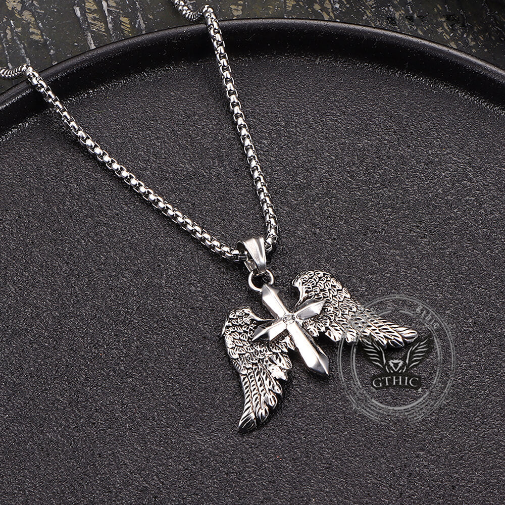 Vintage Cross Angel Wings Pendant in Stainless Steel