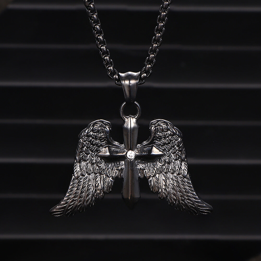 Vintage Cross Angel Wings Pendant in Stainless Steel