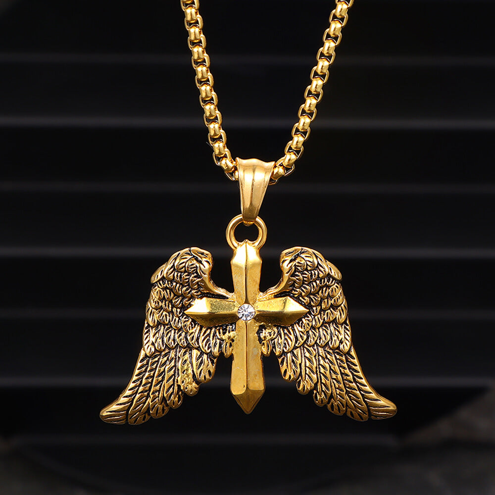 Vintage Cross Angel Wings Pendant in Stainless Steel